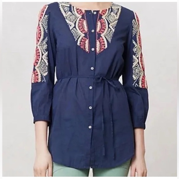 Anthropologie Hei Hei Agonda Blue Embroidered Tunic Blouse Button Front Belt -10 - Picture 4 of 12
